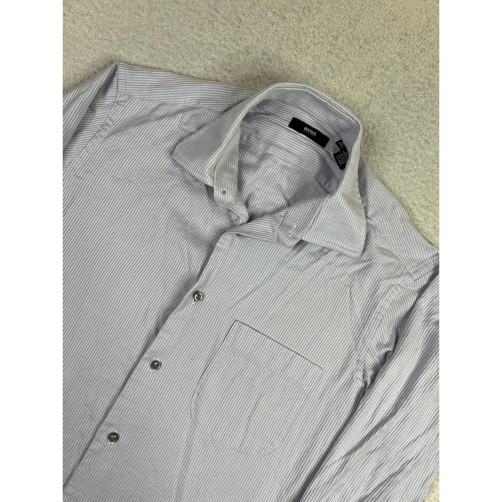 Hugo Boss Shirt Mens 15 32/33 Gray White Stripe Long Sleeve Dress Cotton Casual
